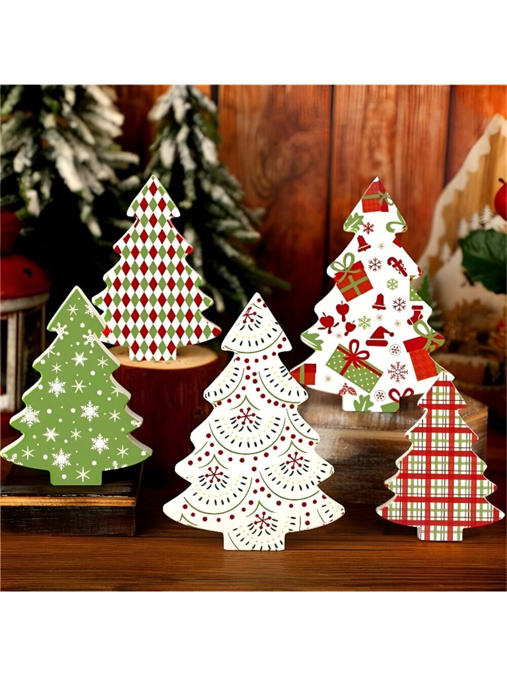 5 Pcs Christmas Table Decoration Wooden Christmas Tree Tiered Tray Decor